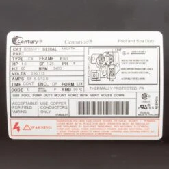 Pool Pump Motor, Century, 1.0hp, 115/230v, 1-Spd, 56YFr, SQFL, Uprate -Equipment Pools 230v 1 Spd 56YFr SQFL Uprate 9