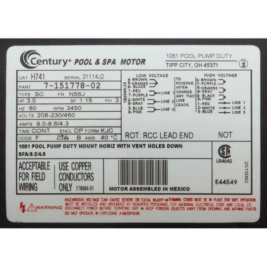 Century A.O. Smith - Squirrel Cage 56J 3 HP Three Phase Full Rated Pool Pump Motor, 9.6-9.2/4.6A 208-230/460V 3 Century A.O. Smith - Squirrel Cage 56J 3 HP Three Phase Full Rated Pool Pump Motor, 9.6-9.2/4.6A 208-230/460V - Image 3