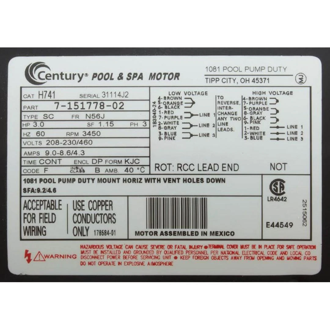 Century A.O. Smith - Squirrel Cage 56J 3 HP Three Phase Full Rated Pool Pump Motor, 9.6-9.2/4.6A 208-230/460V 8 Century A.O. Smith - Squirrel Cage 56J 3 HP Three Phase Full Rated Pool Pump Motor, 9.6-9.2/4.6A 208-230/460V - Image 8