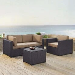 Crosley - Biscayne 4 Piece Wicker Set With White Cushions - Two Corner Chairs, Arm Chair & Coffee Table -Equipment Pools Biscayne 4 Piece Wicker Set with Two Corner Chairs One Arm Chair Coffee Table 7