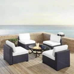 Crosley - Biscayne 5-Piece Wicker Set With 4 Chairs, White Cushions & Firepit -Equipment Pools Biscayne 5 Piece Wicker Set with 4 Chairs Ashland Firepit 12