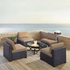 Crosley - Biscayne 5-Piece Wicker Set With 4 Chairs, White Cushions & Firepit -Equipment Pools Biscayne 5 Piece Wicker Set with 4 Chairs Ashland Firepit 16
