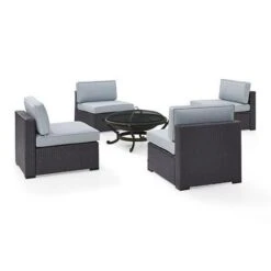 Crosley - Biscayne 5-Piece Wicker Set With 4 Chairs, Mist Cushions & Firepit -Equipment Pools Biscayne 5 Piece Wicker Set with 4 Chairs Ashland Firepit 23