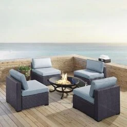 Crosley - Biscayne 5-Piece Wicker Set With 4 Chairs, Mist Cushions & Firepit -Equipment Pools Biscayne 5 Piece Wicker Set with 4 Chairs Ashland Firepit 25