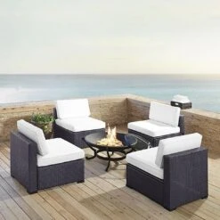 Crosley - Biscayne 5-Piece Wicker Set With 4 Chairs, Mist Cushions & Firepit -Equipment Pools Biscayne 5 Piece Wicker Set with 4 Chairs Ashland Firepit 27