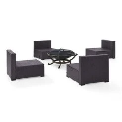 Crosley - Biscayne 5-Piece Wicker Set With 4 Chairs, Mist Cushions & Firepit -Equipment Pools Biscayne 5 Piece Wicker Set with 4 Chairs Ashland Firepit 29