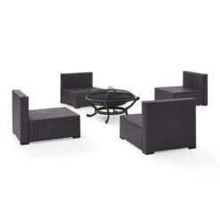 Crosley - Biscayne 5-Piece Wicker Set With 4 Chairs, Mocha Cushions & Firepit -Equipment Pools Biscayne 5 Piece Wicker Set with 4 Chairs Ashland Firepit 4