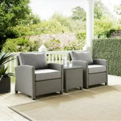 Crosley - Bradenton 3-Piece Outdoor Wicker Armchair Set, Gray -Equipment Pools Bradenton 3 Piece Outdoor Wicker Armchair Set Gray 3