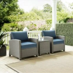 Crosley - Bradenton 3-Piece Outdoor Wicker Armchair Set, Navy -Equipment Pools Bradenton 3 Piece Outdoor Wicker Armchair Set Navy 2