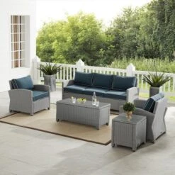 Crosley - Bradenton 5-Piece Outdoor Wicker Sofa Set, Navy -Equipment Pools Bradenton 5 Piece Outdoor Wicker Sofa Set Navy 3