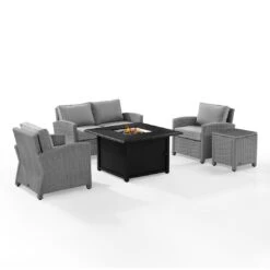 Crosley - Bradenton 5-Piece Wicker Sofa Set With Fire Table, Gray -Equipment Pools Bradenton 5 Piece Wicker Sofa Set with Fire Table Gray 11
