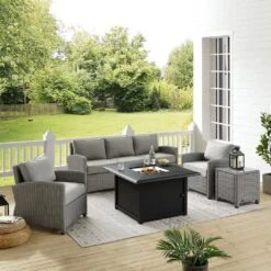Crosley - Bradenton 5-Piece Wicker Sofa Set With Fire Table, Gray -Equipment Pools Bradenton 5 Piece Wicker Sofa Set with Fire Table Gray 14