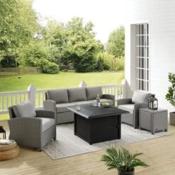 Crosley - Bradenton 5-Piece Wicker Sofa Set With Fire Table, Gray -Equipment Pools Bradenton 5 Piece Wicker Sofa Set with Fire Table Gray 2